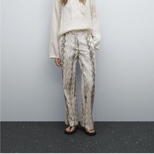 Massimo Dutti Cream Snake-Print Wide Leg Pants